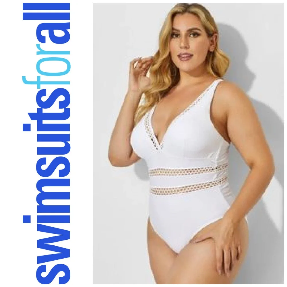 Swimsuits For All Plus Sz 24 Tummy Control Lattice Plunge White 1 Piece Swimsuit